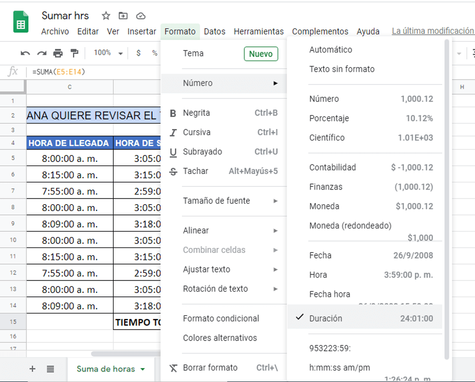 Aprende a sumar horas en google sheets y en excel